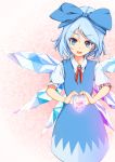  1girl arms_up blue_dress blue_eyes blue_hair bow cirno commentary_request dress edaman eyebrows_visible_through_hair gradient gradient_background hair_bow head_tilt heart heart_hands ice looking_at_viewer no_legs open_mouth pinafore_dress pink_background puffy_short_sleeves puffy_sleeves red_neckwear red_ribbon ribbon shirt short_hair short_sleeves solo standing touhou white_shirt wings 