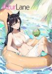  1girl animal_ears atago_(azur_lane) atago_(midsummer_march)_(azur_lane) azur_lane bangs beach bikini black_hair breasts coconut commentary_request day english_text flower hair_flower hair_ornament innertube large_breasts long_hair looking_at_viewer mole mole_under_eye open_mouth outdoors palm_leaf reclining sand sdustz smile solo sunlight swimsuit water white_bikini white_swimsuit wolf_ears yellow_eyes 