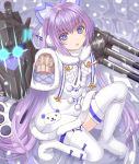  1girl azur_lane bangs blue_bow blue_eyes blush boots bow brown_sweater commentary_request dress eyebrows_visible_through_hair fur-trimmed_dress fur-trimmed_sleeves fur_trim glowing glowing_eyes hair_between_eyes long_hair long_sleeves looking_at_viewer one_knee parted_lips purple_hair sleeves_past_fingers sleeves_past_wrists snowing solo sweater tashkent_(azur_lane) thigh-highs thigh_boots tsukino_neru very_long_hair white_dress white_footwear white_legwear wide_sleeves 