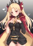  1girl absurdres bangs black_leotard black_nails blonde_hair blush breasts cape closed_mouth cowboy_shot earrings ereshkigal_(fate/grand_order) eyebrows_visible_through_hair fate/grand_order fate_(series) fingers_together gradient gradient_background grey_background groin hair_ribbon heart highres hood hood_down hooded_cape jewelry leotard long_hair looking_at_viewer medium_breasts miso_(b7669726) nail_polish parted_bangs red_cape red_eyes red_ribbon ribbon simple_background skull smile solo spine tiara two_side_up very_long_hair 
