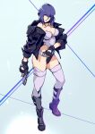  1girl bangs belt breasts closed_mouth commentary_request fingerless_gloves full_body ghost_in_the_shell ghost_in_the_shell_stand_alone_complex gloves gun highleg holding holding_gun holding_weapon jacket kotatsu_(g-rough) kusanagi_motoko leotard looking_at_viewer medium_breasts open_clothes open_jacket purple_hair red_eyes short_hair smile solo standing thigh-highs weapon 