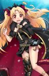  1girl asymmetrical_legwear asymmetrical_sleeves bangs between_breasts black_cape black_legwear blonde_hair blush bow breasts cape detached_collar earrings ereshkigal_(fate/grand_order) fate/grand_order fate_(series) fur-trimmed_cape fur_trim gold_trim hair_bow hoop_earrings infinity jewelry long_hair long_sleeves looking_at_viewer necklace night night_sky open_mouth parted_bangs red_bow red_eyes single_sleeve single_thighhigh skull sky small_breasts solo spine the_dark thigh-highs thighs tiara two_side_up wavy_mouth 