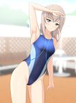  1girl absurdres bangs blue_eyes blue_swimsuit blurry competition_swimsuit depth_of_field fence girls_und_panzer highres itsumi_erika leaning_to_the_side light_smile looking_at_viewer medium_hair one-piece_swimsuit shading_eyes silver_hair solo standing swimsuit table takafumi 