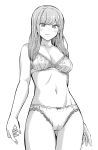  1girl bra breasts collarbone greyscale highres long_hair looking_at_viewer manicure monochrome navel original panties small_breasts smile solo underwear white_background yamakeitokokoro 