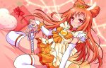  1girl arm_warmers bow bow_by_hair brooch choker cure_sunny dutch_angle gift hamuten_(hmltzero) heart heart_pillow highres hino_akane_(smile_precure!) jewelry long_hair looking_at_viewer magical_girl orange_background orange_bow orange_hair orange_neckwear orange_skirt orange_theme pillow precure princess_form_(smile_precure!) red_bow red_eyes sitting skirt smile_precure! solo thigh-highs tiara wand wariza white_legwear white_sleeves zettai_ryouiki 