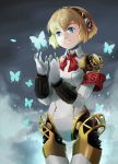  1girl aegis_(persona) android blonde_hair blue_eyes bow bug butterfly highres insect okamin persona persona_3 ribbon robot_joints short_hair smile 