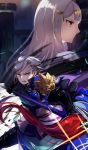  1boy 1girl armor blue_eyes fighting_stance grey_hair hair_ornament highres holding_polearm narumiko_busa pixiv_fantasia pixiv_fantasia_age_of_starlight profile purple_empress_ranrei red_eyes shoulder_armor tiger_fang_thistle 