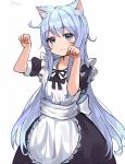  1girl alternate_costume animal_ear_fluff animal_ears apron artist_name back_bow bangs black_dress black_neckwear blue_eyes blue_hair blush bow cat_ears closed_mouth commentary_request dress enmaided eyebrows_visible_through_hair flat_chest hands_up happy hibiki_(kantai_collection) jpeg_artifacts kantai_collection long_hair looking_at_viewer maid maid_apron moyasi3409854 neck_ribbon paw_pose puffy_short_sleeves puffy_sleeves ribbon shiny shiny_hair short_sleeves signature simple_background smile solo standing very_long_hair white_background 