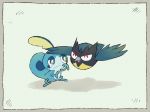  ^_^ bird border closed_eyes creature flying full_body gen_8_pokemon grey_border happy looking_at_another no_humans pokemon pokemon_(creature) rookidee sad shiwo_(siwosi) simple_background sobble standing white_background 