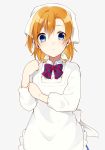1girl apron blue_eyes bow bowtie chisumi closed_mouth hand_up head_scarf highres kousaka_honoka light_blush looking_at_viewer love_live! love_live!_school_idol_project multicolored_neckwear one_side_up orange_hair short_hair simple_background solo standing white_apron white_background