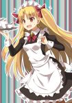 1girl alternate_costume apron bangs black_dress blonde_hair blush bow breasts cup dress earrings enmaided ereshkigal_(fate/grand_order) fate/grand_order fate_(series) flying_sweatdrops hair_bow hoop_earrings infinity jewelry juliet_sleeves long_hair long_sleeves maid maid_headdress open_mouth puffy_sleeves red_bow red_eyes red_neckwear skull small_breasts solo striped striped_background teacup teapot tray twintails two_side_up white_apron xiafuizui