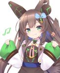  1girl :3 animal_ears brown_hair chigusa_hana chigusa_hana_channel commentary_request fox_ears green_eyes hair_between_eyes hair_ornament headphones highres konnyaku_(kohoshien) long_hair looking_at_viewer musical_note portrait ribbon simple_background solo virtual_youtuber white_background 