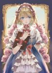  1girl absurdres alice_margatroid ascot bangs blonde_hair blue_dress blue_eyes blush book capelet dress eyebrows_visible_through_hair flower frilled_ascot frilled_sash frills grimoire_of_alice hairband highres lolita_hairband meiko_shinoki pink_flower pink_rose puffy_short_sleeves puffy_sleeves red_hairband ribbon-trimmed_sleeves ribbon_trim rose sash short_hair short_sleeves solo touhou wavy_hair white_capelet 