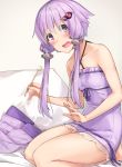  1girl :d bangs bare_arms bare_legs bare_shoulders barefoot bed_sheet blush breasts collarbone commentary_request criss-cross_halter dress eyebrows_visible_through_hair hair_between_eyes hair_ornament halterneck highres holding kanzen_bouon long_hair looking_at_viewer mimikaki open_mouth pillow purple_dress purple_hair purple_legwear seiza sidelocks sitting small_breasts smile solo thigh-highs thighhighs_removed violet_eyes voiceroid yuzuki_yukari 