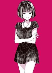  1girl bob_cut chisumi closed_mouth collared_dress crossed_arms dress eyebrows_visible_through_hair looking_at_viewer original red_background red_nails short_dress short_hair short_sleeves simple_background smile solo standing 