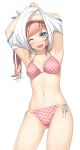  1girl ;d absurdres armpits arms_up bikini bikini_under_clothes blue_eyes breasts cowboy_shot eyebrows_visible_through_hair fanbox_reward highres kantoku long_hair looking_at_viewer medium_breasts navel one_eye_closed open_mouth original paid_reward pink_bikini pink_hair plaid plaid_bikini side-tie_bikini side_ponytail simple_background smile solo swimsuit undressing upper_teeth white_background 
