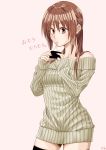  04sora40 1girl absurdres black_legwear brown_hair cowboy_shot eating hands_up highres long_hair long_sleeves original red_nails ribbed_sweater simple_background solo standing sweater thigh-highs 