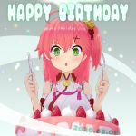  ahoge bare_shoulders birthday cake chestnut_mouth dated eyebrows_visible_through_hair food fork frills fruit green_eyes hair_between_eyes hair_ornament hair_over_shoulder hairclip happy_birthday highres holding holding_fork holding_knife hololive knife number one_side_up open_mouth pink_hair radicalfool sakura_miko sparkling_eyes strawberry virtual_youtuber 