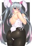  1girl alternate_costume animal_ears ass azur_lane bare_shoulders blue_eyes blush breasts bunny_girl bunny_tail bunnysuit detached_collar eyebrows_visible_through_hair fake_animal_ears grey_hair hair_between_eyes hair_ornament halsey_powell_(azur_lane) highres large_breasts long_hair looking_at_viewer looking_back multicolored_hair open_mouth pantyhose purple_hair rabbit_ears silver_hair solo tail tak. twintails 