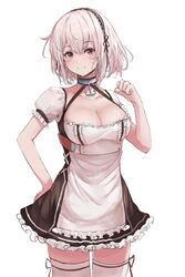  1girl absurdres azur_lane blush breasts closed_mouth dress eyebrows_visible_through_hair hair_between_eyes highres lace-trimmed_hairband large_breasts liaowen looking_at_viewer puffy_sleeves red_eyes short_hair short_sleeves sirius_(azur_lane) smile solo thigh-highs white_dress white_hair white_legwear 