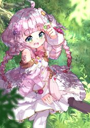  1girl :d absurdres ahoge black_legwear bow bowtie braid dappled_sunlight dress flower flower_knight_girl fujishima-sei_ichi-gou grass green_eyes hair_flower hair_intakes hair_ornament harujion_(flower_knight_girl) highres layered_dress long_hair mismatched_legwear open_mouth outdoors pantyhose pink_bow pink_hair sitting smile solo sunlight twin_braids white_legwear 