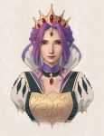  1girl closed_mouth commentary crown detached_collar dress forehead_jewel gem gown high_collar highres jewelry looking_at_viewer mature mirelia_q_melromarc miura-n315 portrait puffy_sleeves purple_hair queen red_lips sidelocks tate_no_yuusha_no_nariagari tiara violet_eyes 