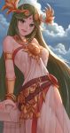  1girl armlet artist_name awan0918 belt blue_sky clouds commentary dress eyebrows_visible_through_hair green_eyes green_hair headdress highres jewelry kid_icarus kid_icarus_uprising leaning_back long_hair looking_at_viewer necklace open_mouth palutena sky smile strapless strapless_dress thigh-highs very_long_hair watermark white_dress white_legwear 