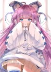  1girl animal_ears azur_lane blue_eyes blush coat dress earmuffs eyebrows_visible_through_hair fake_animal_ears fur_trim hair_ornament hair_ribbon highres long_hair long_sleeves looking_at_viewer meito_harmren open_mouth purple_hair ribbon sleeves_past_wrists solo sweater tashkent_(azur_lane) thigh-highs very_long_hair white_coat white_legwear winter_clothes 