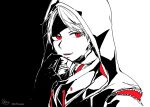  bangs black_background drawstring gloves hand_up highres hood hood_up hooded_jacket jacket kuzuha_(nijisanji) monochrome nijisanji parted_bangs parted_lips red_eyes signature sofra twitter_username upper_body virtual_youtuber white_background 