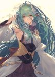  1girl aqua_hair armpits back_bow bare_shoulders bow breasts brown_bow closed_mouth commentary_request detached_sleeves dragon_girl dragon_horns eyebrows_visible_through_hair fate/grand_order fate_(series) hair_between_eyes horns japanese_clothes kimono kiyohime_(fate/grand_order) long_hair long_sleeves medium_breasts multiple_horns oukawa_yuu sideboob smile solo very_long_hair white_kimono wide_sleeves yellow_eyes 