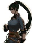  absurdres backlighting blue_dress clenched_hand delsaber dress earrings fingerless_gloves fire_emblem fire_emblem:_the_blazing_blade gloves green_eyes green_hair highres jewelry katana long_hair looking_down lyn_(fire_emblem) ponytail rope_belt sword weapon white_background 