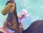  1girl alternate_costume belt boots clouds feathered_wings fire_emblem fire_emblem:_three_houses gloves highres long_hair lysithea_von_ordelia open_mouth pegasus pooh920 sky solo teeth thigh-highs violet_eyes white_hair wings 