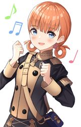  +5cm 1girl absurdres annette_fantine_dominic bag blue_eyes blush epaulettes fire_emblem fire_emblem:_three_houses garreg_mach_monastery_uniform highres musical_note open_mouth orange_hair solo twintails white_background 