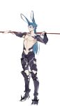  1boy animal_ears blue_hair cu_chulainn_(fate)_(all) english_commentary fate/stay_night fate_(series) final_fantasy final_fantasy_xiv full_body guttia igote lancer long_hair male_focus no_nipples polearm rabbit_ears shirtless simple_background solo viera weapon white_background 