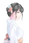  1girl azurcentauri black_hair brown_eyes commentary_request earrings highres japanese_clothes jewelry kimono lips obi original parted_lips sash simple_background solo white_background white_kimono 