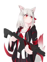  1girl absurdres animal_ear_fluff animal_ears apex_legends assault_rifle bangs black_jacket black_skirt collarbone english_commentary eyebrows_visible_through_hair fox_ears fox_girl gun head_tilt highres holding holding_gun holding_weapon hood hooded_jacket jacket lee_siu looking_up mashi_(dimensionalpris) nijisanji nijisanji_kr r-301_carbine red_eyes rifle short_hair silver_hair skirt solo transparent_background virtual_youtuber weapon 