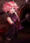  1girl armor armored_dress bare_shoulders blush breasts commentary_request eyebrows_visible_through_hair fate/grand_order fate_(series) gloves hair_over_one_eye holding_shield large_breasts looking_at_viewer mash_kyrielight men_15 open_mouth shield short_hair smile solo tearing_up violet_eyes 