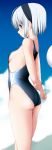  1girl absurdres ass bangs bare_arms bare_legs bare_shoulders black_hairband black_swimsuit blush breasts clouds eyebrows_visible_through_hair green_eyes hairband highres hitodama holding_own_arm konpaku_youmu konpaku_youmu_(ghost) looking_at_viewer nori_tamago one-piece_swimsuit outdoors profile short_hair sideboob sideways_glance silver_hair small_breasts solo swimsuit touhou 
