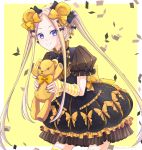  1girl abigail_williams_(fate/grand_order) animal_ears bangs bear_ears black_bow black_dress blonde_hair blue_eyes bow breasts closed_mouth confetti detached_sleeves dress fate/grand_order fate_(series) forehead hair_bow highres kino_and_nene long_hair looking_at_viewer multiple_bows orange_bow parted_bangs polka_dot polka_dot_bow puff_and_slash_sleeves puffy_short_sleeves puffy_sleeves short_sleeves sidelocks simple_background small_breasts smile stuffed_animal stuffed_toy teddy_bear twintails very_long_hair yellow_background 