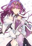  1girl bangs bare_shoulders blush breasts dress fate/grand_order fate_(series) fur-trimmed_dress fur_trim hair_between_eyes hair_ribbon highres jewelry large_breasts long_hair looking_at_viewer open_mouth pelvic_curtain pendant ponytail purple_dress purple_hair purple_ribbon red_eyes ribbon scathach_(fate)_(all) scathach_skadi_(fate/grand_order) shiroi_sora simple_background smile solo thigh-highs thighs tiara white_background wide_sleeves 