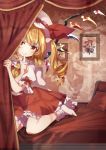  1girl absurdres ascot bangs bed blonde_hair blush bow commentary_request crystal curtains eyebrows_visible_through_hair finger_to_mouth flandre_scarlet frilled_shirt_collar frills hat hat_ribbon highres hitsuji_hiko_(mareep15) indoors looking_at_viewer medium_hair mob_cap on_bed one_side_up pillow puffy_short_sleeves puffy_sleeves red_eyes red_ribbon red_skirt red_theme red_vest ribbon shirt short_sleeves shushing side_ponytail skirt smile socks solo touhou vest white_headwear white_legwear white_shirt wings yellow_neckwear 