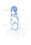  1girl absurdres azurcentauri blue_theme breasts full_body highres large_breasts long_hair navel o-ring o-ring_bikini original partially_submerged simple_background sitting sketch smile solo wariza water white_background 