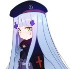  1girl bangs beret black_headwear blunt_bangs closed_mouth cross_hair_ornament facial_mark from_side girls_frontline green_eyes hair_ornament hat hk416_(girls_frontline) long_hair looking_at_viewer looking_to_the_side purple_hair simple_background solo sumiyao_(amam) white_background 