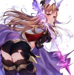  1girl 40_(0f0urw) arrow brown_eyes brown_hair cloak colorized gloves granblue_fantasy hair_ornament highres long_hair looking_at_viewer open_mouth shorts simple_background smile solo song_(granblue_fantasy) thigh-highs white_background 