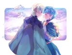 1boy 1girl animal armor bird black_armor blue_dress blue_hair blush braid byleth_(fire_emblem) byleth_eisner_(male) cape capelet closed_mouth clouds commentary commission crown_braid dove dress english_commentary epaulettes eyebrows_visible_through_hair fire_emblem fire_emblem:_three_houses hand_on_another&#039;s_face highres looking_at_another marianne_von_edmund phantasananas purple_hair short_hair sky smile white_hair 