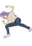  1girl black-framed_eyewear breasts clenched_hands commentary_request easy_(aqk7bdqt) from_below full_body glasses kagamihara_sakura large_breasts long_hair purple_hair ribbed_sweater socks solo sweater yurucamp 