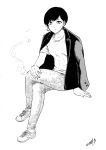  1girl :o arm_support bangs breasts cigarette collarbone commentary crossed_legs denim earrings fingernails full_body greyscale highres holding holding_cigarette jacket_on_shoulders jeans jewelry looking_at_viewer medium_breasts monochrome nikaidou_kou original pants parted_lips shirt shoes short_hair short_sleeves signature simple_background sitting smoke solo white_background 