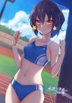  1girl arms_up bangs bare_arms bare_shoulders black_hair blue_sky blush bra breasts clouds collarbone commentary_request cowboy_shot day eyebrows_visible_through_hair hair_ornament highres looking_at_viewer mizuno_ai navel red_eyes short_hair sky smile solo sports_bra sportswear tsuki_tokage underwear zombie_land_saga 
