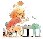  1girl alcohol animal_crossing animal_crossing_new_horizons animal_ears atsumare:_doubutsu_no_mori blonde_hair blush blush_stickers book bottle chair commentary cup dog dog_ears dog_girl dog_tail doubutsu_no_mori drinking_glass drunk from_side full_body highres holding holding_cup ikuhana_niiro isabelle_(animal_crosing) microphone miniskirt nintendo nintendo_ead parted_lips pen pencil_skirt red_shirt shirt shizue_(doubutsu_no_mori) short_hair short_sleeves simple_background sitting sketch skirt solo tail topknot whiskey white_skirt 