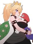  1girl bare_shoulders between_breasts black_dress blonde_hair blue_eyes blush bowsette bracelet breast_smother breasts collar commentary crown dress head_between_breasts horns hug jewelry large_breasts looking_at_viewer mario super_mario_bros. new_super_mario_bros._u_deluxe ponytail sharp_teeth spiked_bracelet spiked_collar spikes sumiyao_(amam) super_crown teeth turtle_shell 